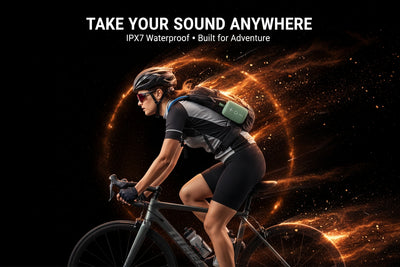 Person riding a bicycle with a product on their back, against a dark background with fiery effects.