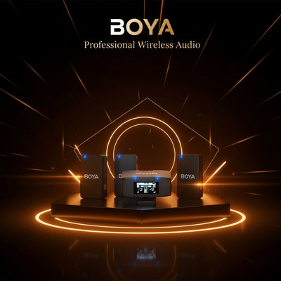 BOYA professional wireless audio equipment on a dark background with glowing accents
