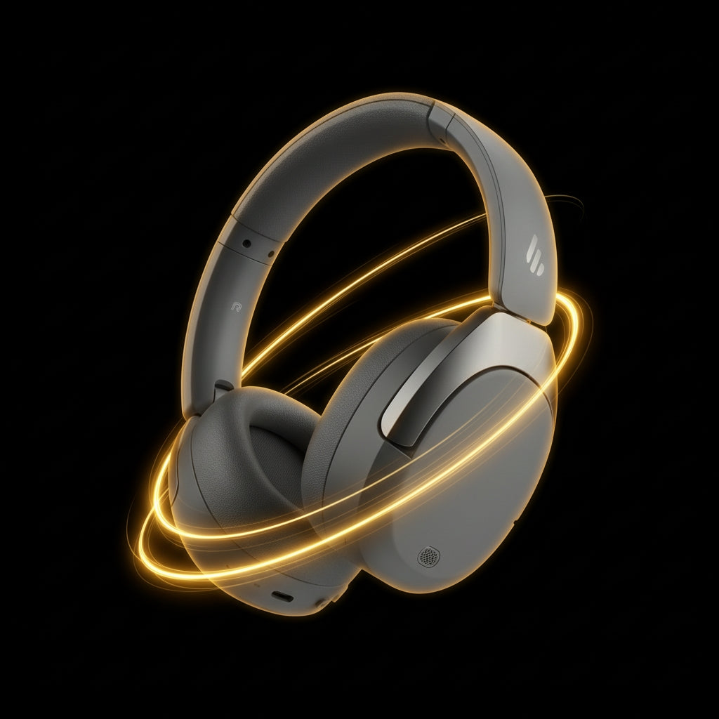 Gray headphones with gold accents on a black background
