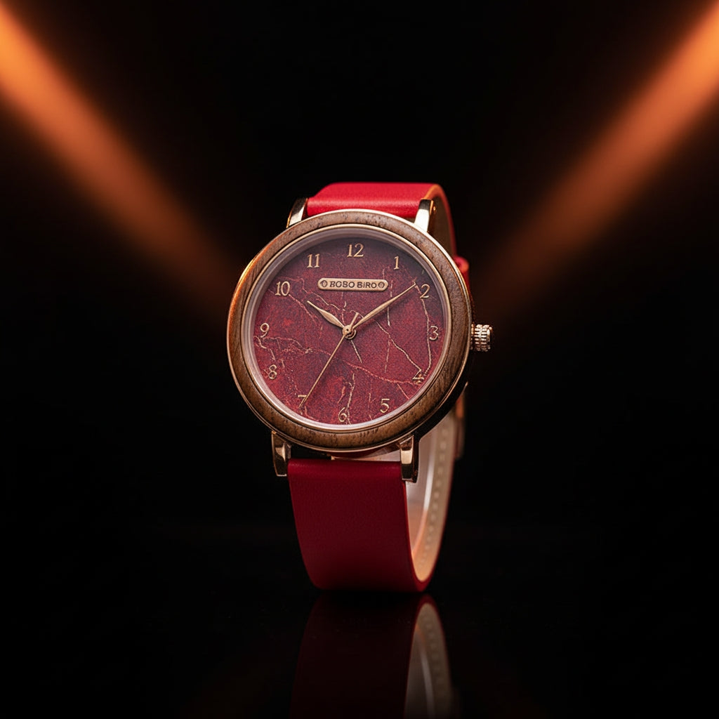 Watch with red strap and red face on a dark background