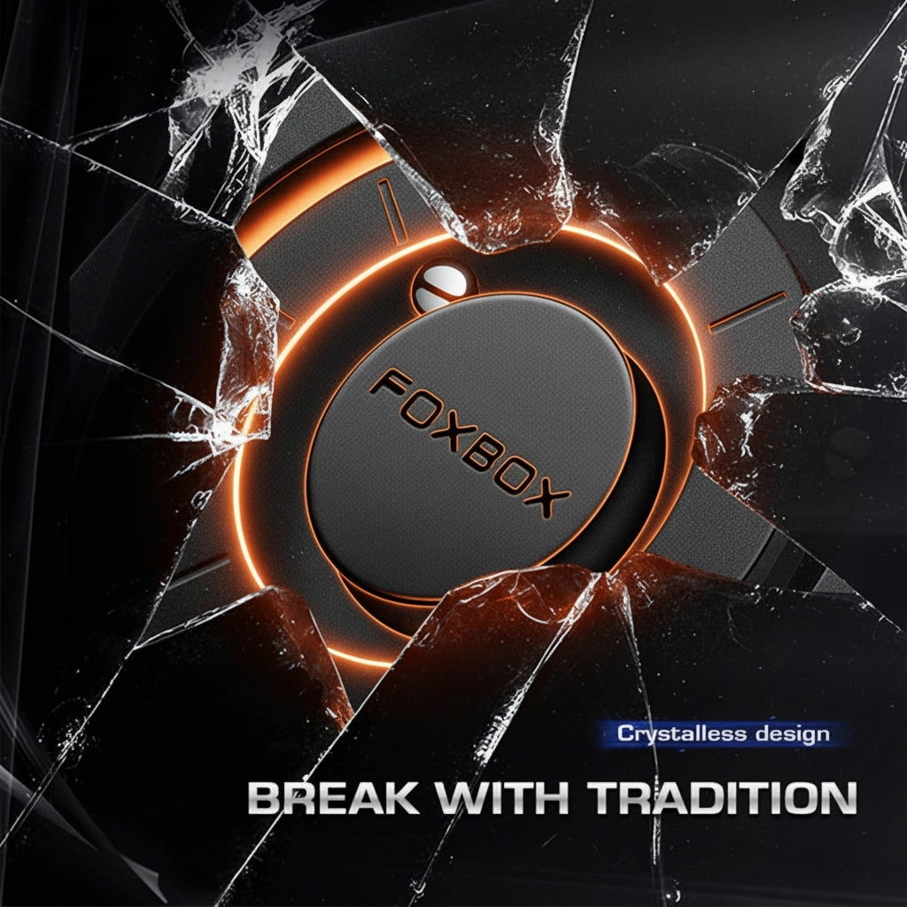 A circular black and dark gray product with the brand name FOXBOX on the center, surrounded by glowing orange rings and shown breaking through a cracked glass effect. Text at the bottom reads 'CRYSTALLESS DESIGN' and 'BREAK WITH TRADITION'.