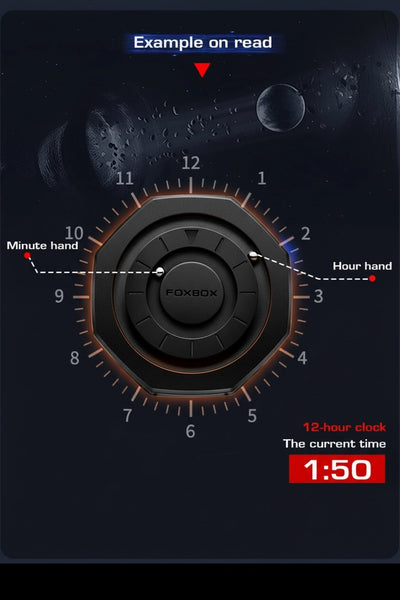 A close-up of a rotary clock face with labeled hands and a dark space-like background. The dial is black with metallic bronze/orange markings and a visible FOXBOX logo in the center.
