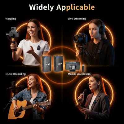 Four scenarios showing the use of a BOYA microphone in vlogging, live streaming, music recording, and mobile journalism.