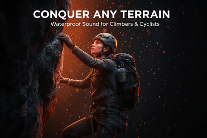 Person climbing a rocky wall with text 'Conquer Any Terrain' and 'Waterproof Sound for Climbers & Cyclists'.