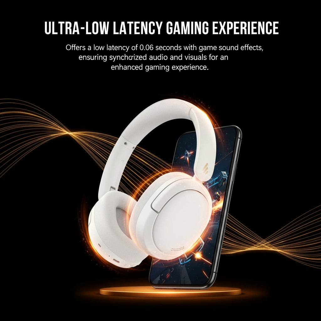White gaming headset with smartphone displaying game graphics on a black background, emphasizing ultra-low latency gaming experience.
