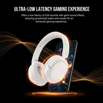 White gaming headset with smartphone displaying game graphics on a black background, emphasizing ultra-low latency gaming experience.