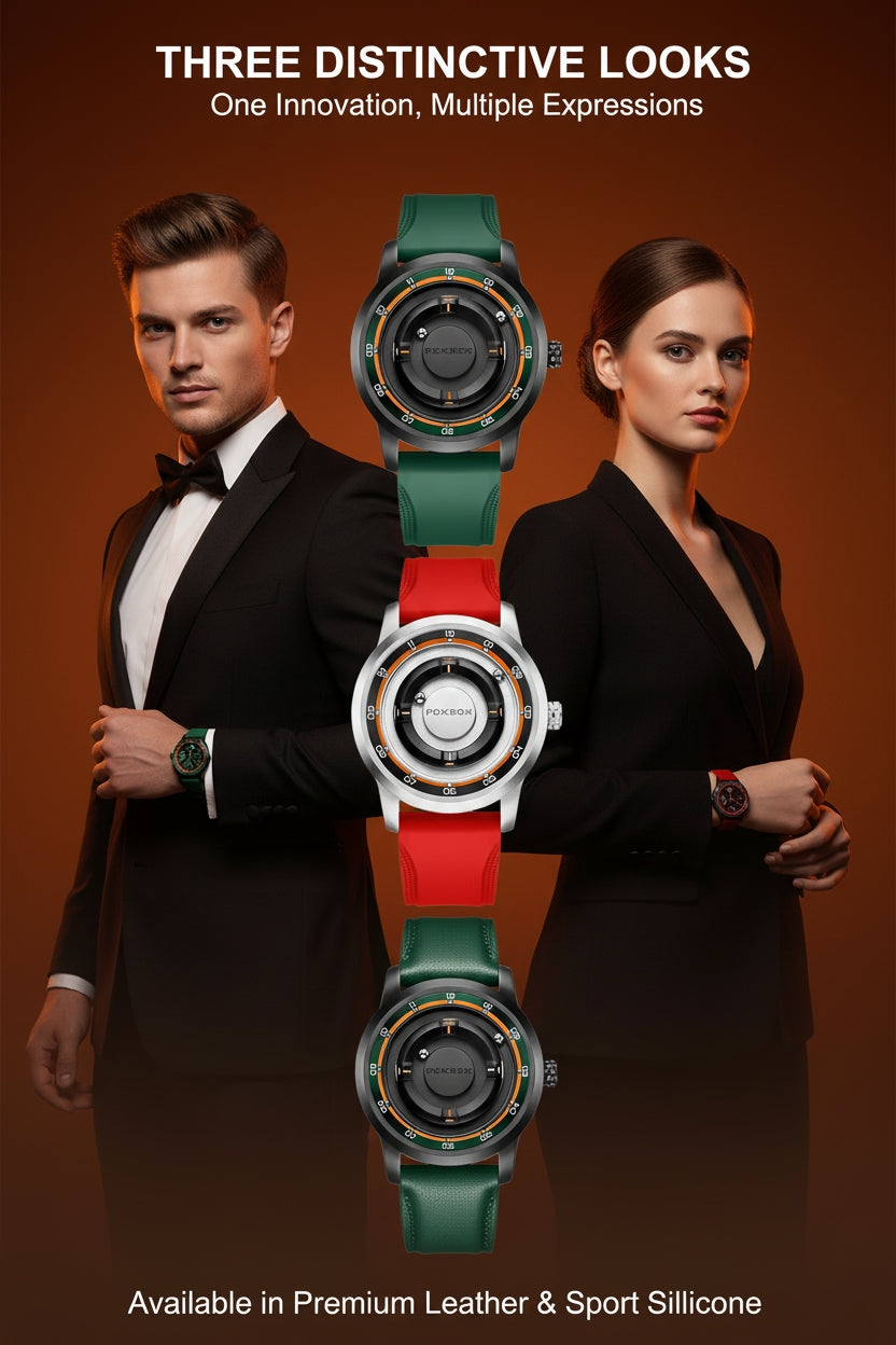 Man and woman in formal attire with a watch displaying three different colored straps on an orange background.
