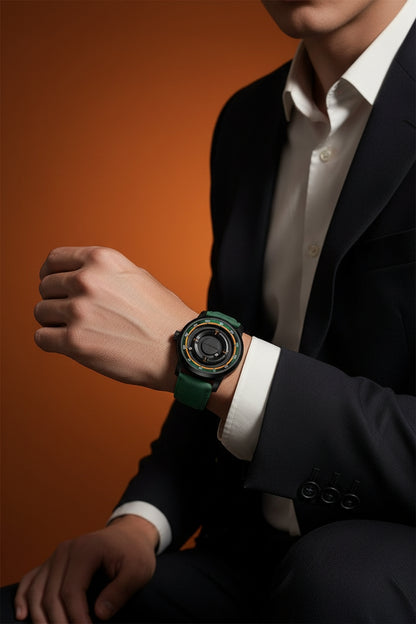 Person wearing a dark suit and white shirt with a green watch on an orange background