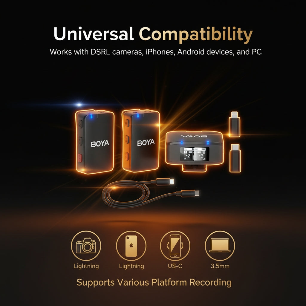 BOYA microphone system with compatibility text on a dark background