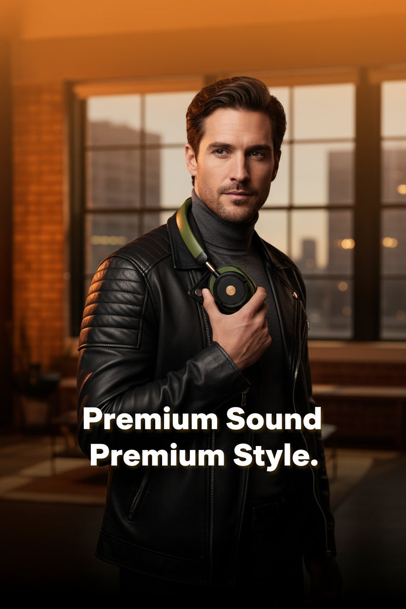 Man holding a pair of headphones with text 'Premium Sound Premium Style' in an indoor setting.