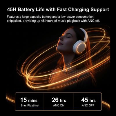 Person wearing headphones with battery life and charging information displayed on a dark background