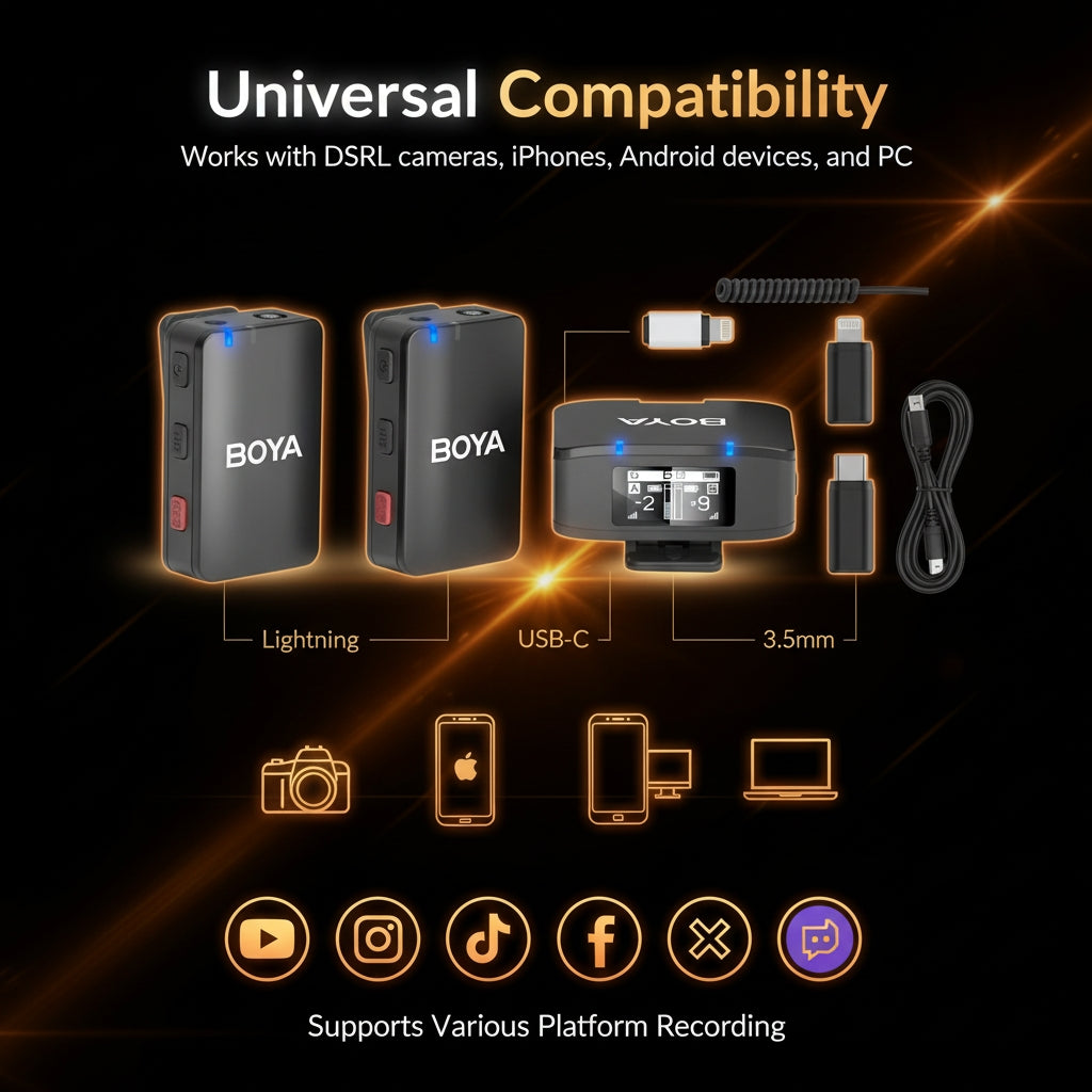BOYA microphone and accessories with compatibility text on a dark background