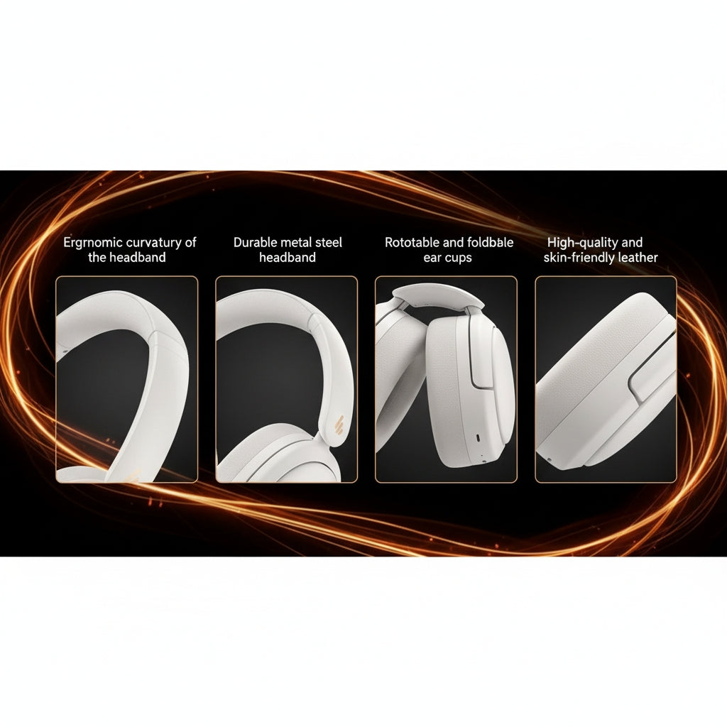 White headphones with features listed on a black background