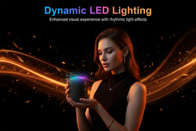 Woman holding a glowing mug with dynamic LED lighting effects on a dark background