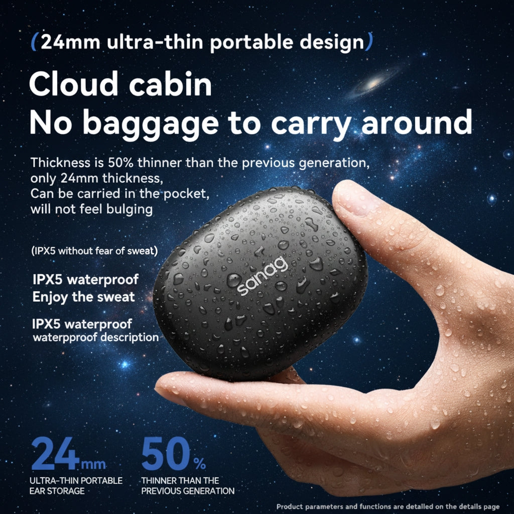 Black earbud case held in a hand with space-themed background