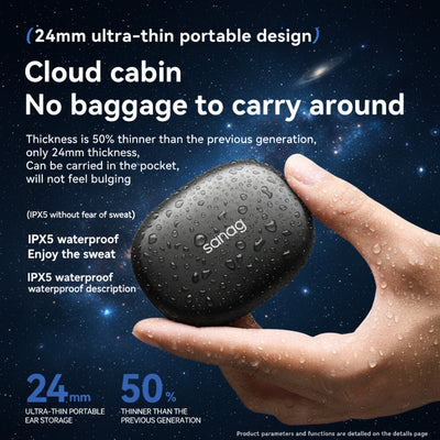 Black earbud case held in a hand with space-themed background