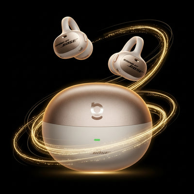 Bose wireless earbuds and charging case on a black background