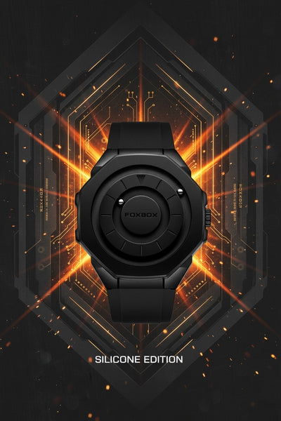 A black FOXBOX silicone watch band or watch face component centered on a dark futuristic graphic background with orange light effects and the text 'SILICONE EDITION' below.
