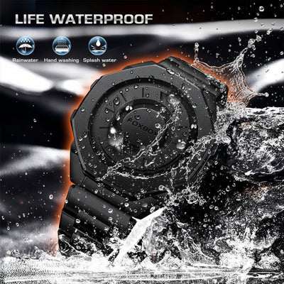 Black smartwatch being splashed with water, emphasizing its waterproof feature.