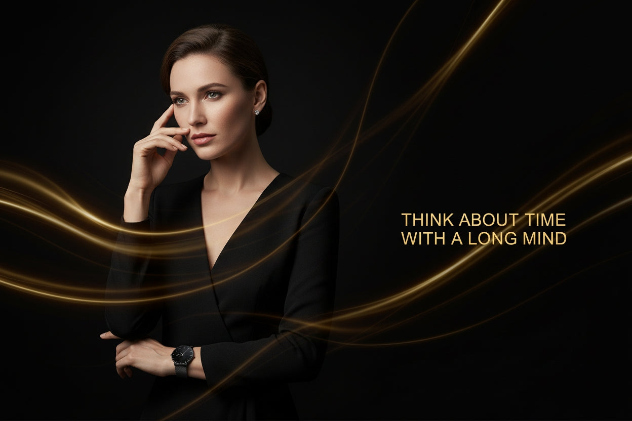 Woman in a black suit with gold accents on a dark background, accompanied by text 'Think about time with a long mind'.