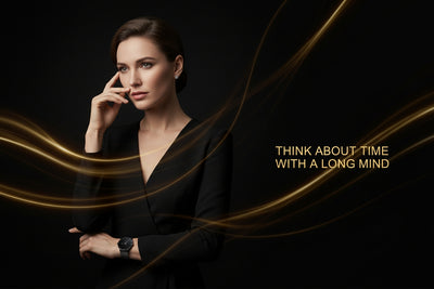Woman in a black suit with gold accents on a dark background, accompanied by text 'Think about time with a long mind'.