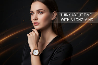 Woman wearing a watch with a dark background and text overlay