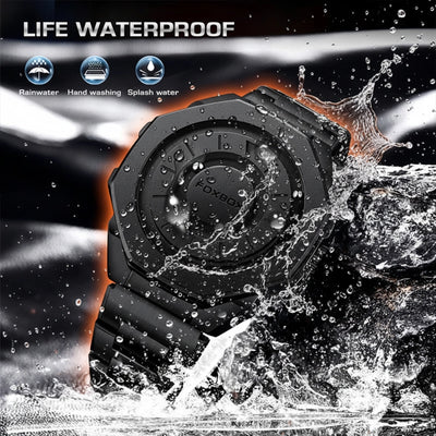 A black digital wristwatch with a rugged case and matching band, shown partially submerged in splashing water. The image includes marketing text reading 'LIFE WATERPROOF' and icons for rainwater, hand washing, and splash water resistance.