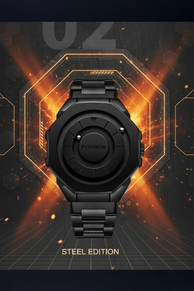 A black Foxbox Steel Edition analog watch with a round case and integrated metal bracelet, centered against a dark futuristic background with glowing orange geometric lines and text reading 'STEEL EDITION'.