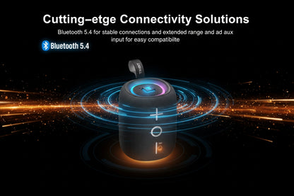 Bluetooth speaker with connectivity solutions text on a dark background