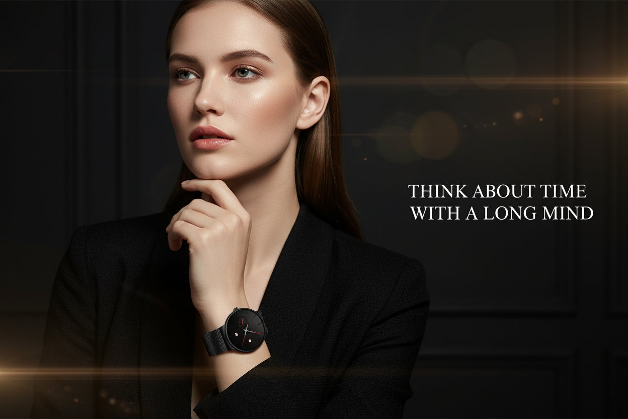 Woman wearing a black watch with a dark background and text 'Think about time with a long mind'.