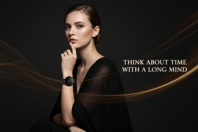 Woman in a black dress with a watch, against a dark background with text 'Think about time with a long mind'.