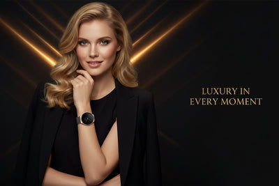 Woman wearing a black blazer and watch with 'Luxury in Every Moment' text on a dark background