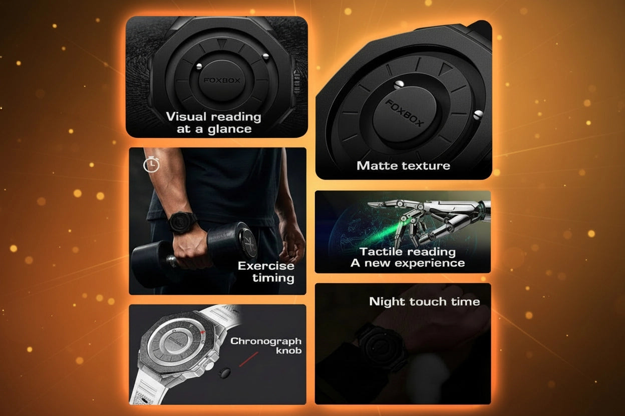A promotional graphic for a Roxbox chronograph watch, showing six feature panels: visual reading at a glance, matte texture, exercise timing, tactile reading, chronograph knob detail, and night touch time, set against an orange glowing background.