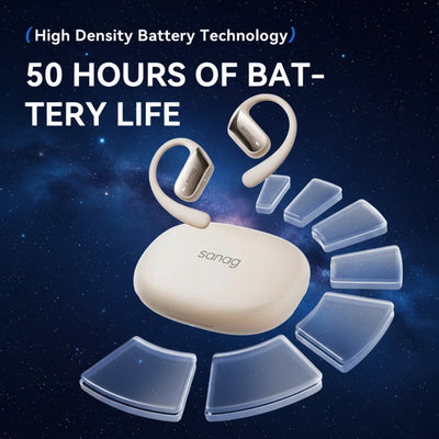 Wireless earbuds with charging case on a space-themed background, highlighting battery life.