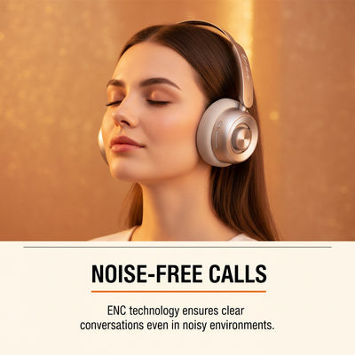 Woman wearing headphones with text about noise-free calls and ENC technology.