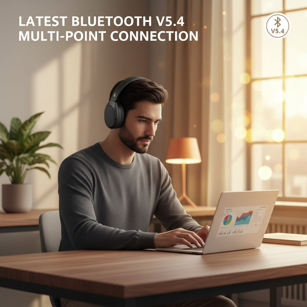 Man wearing headphones using a laptop with text about Bluetooth V5.4 multi-point connection.