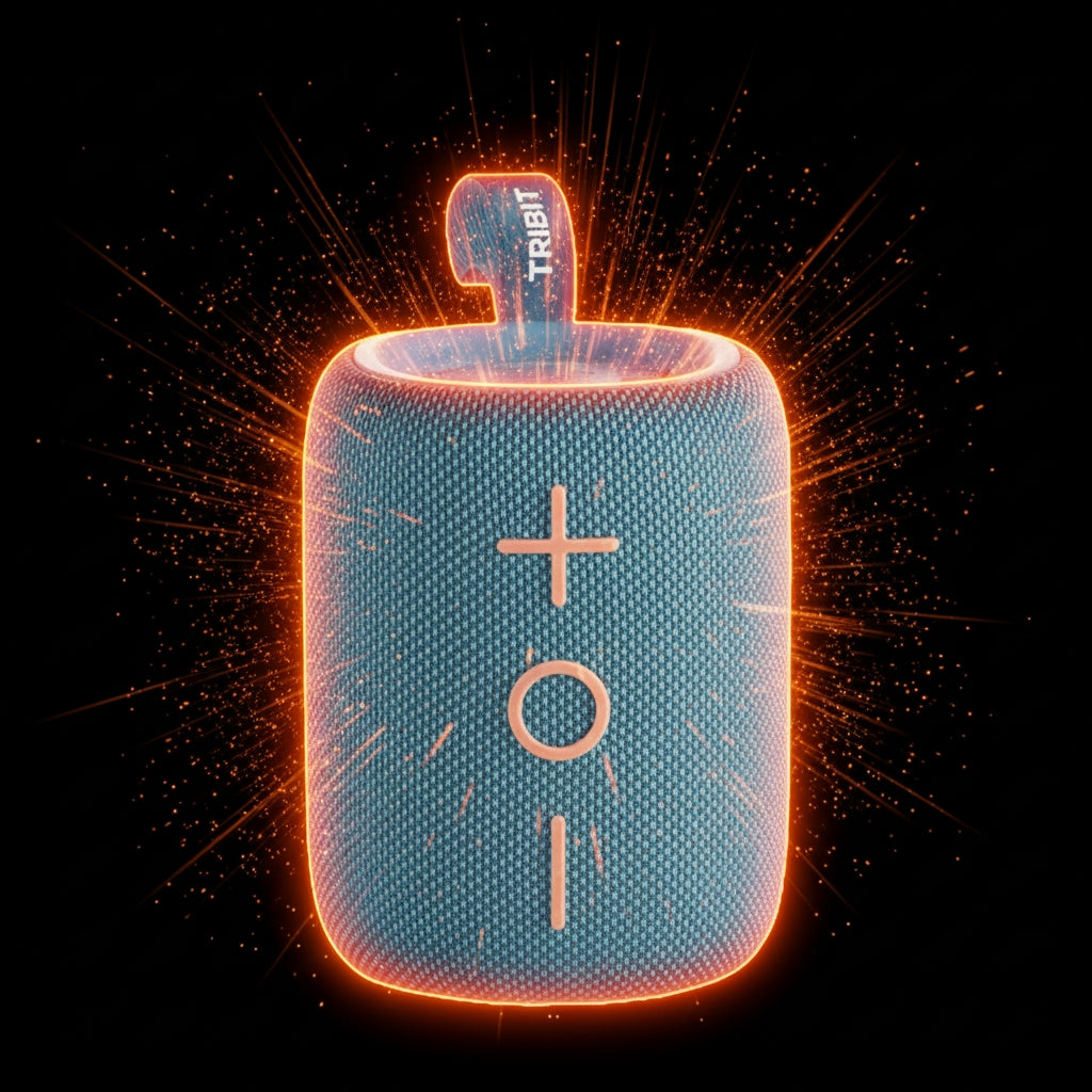 Blue portable speaker with glowing orange outline on a black background