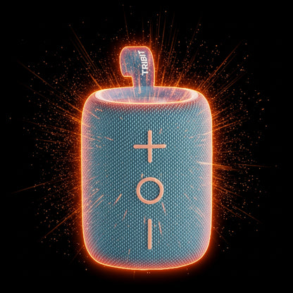 Blue portable speaker with glowing orange outline on a black background