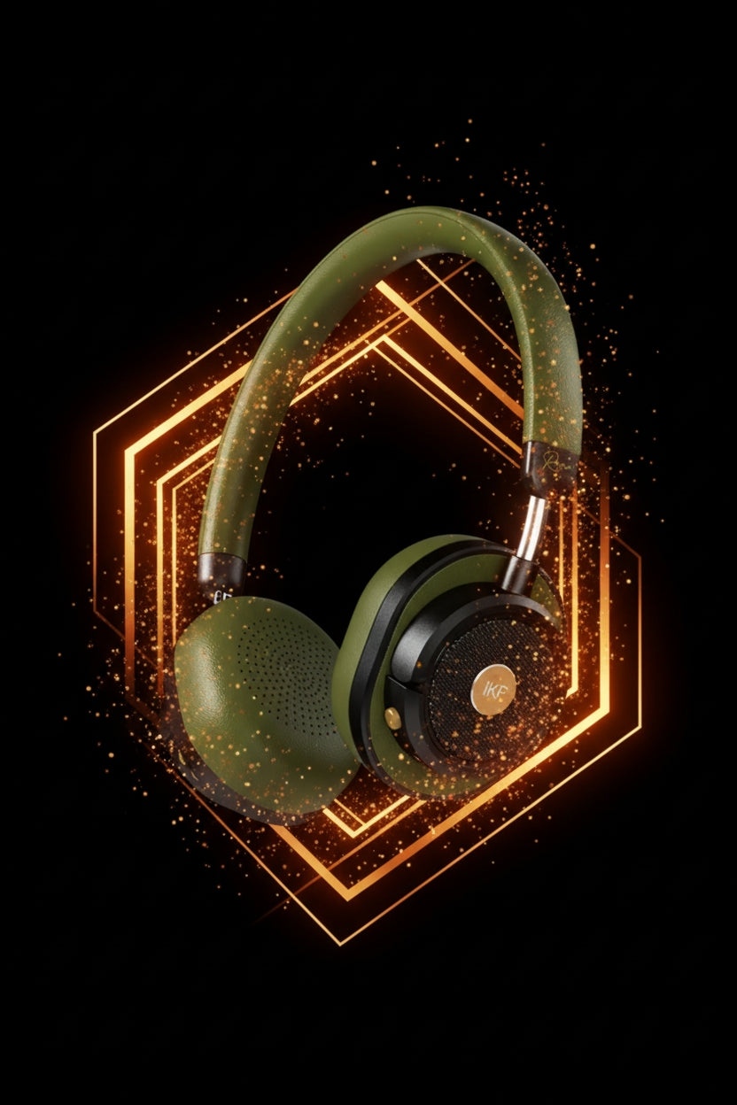 Green headphones with a geometric design on a black background