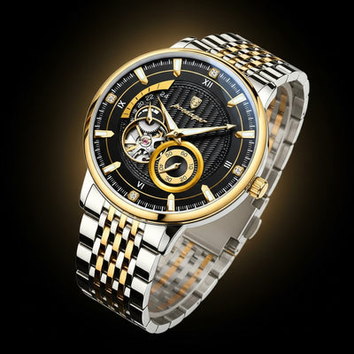 Luxury watch with gold and silver band on a dark background