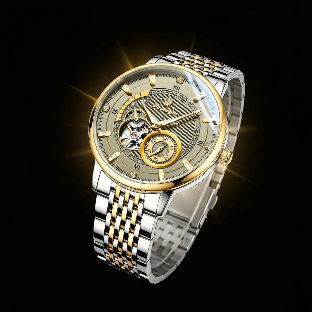 Luxury two-tone watch with intricate design on a black background