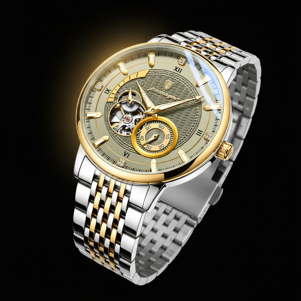 Luxury watch with gold and silver band on a black background