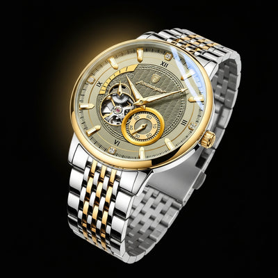 Luxury watch with gold and silver band on a black background