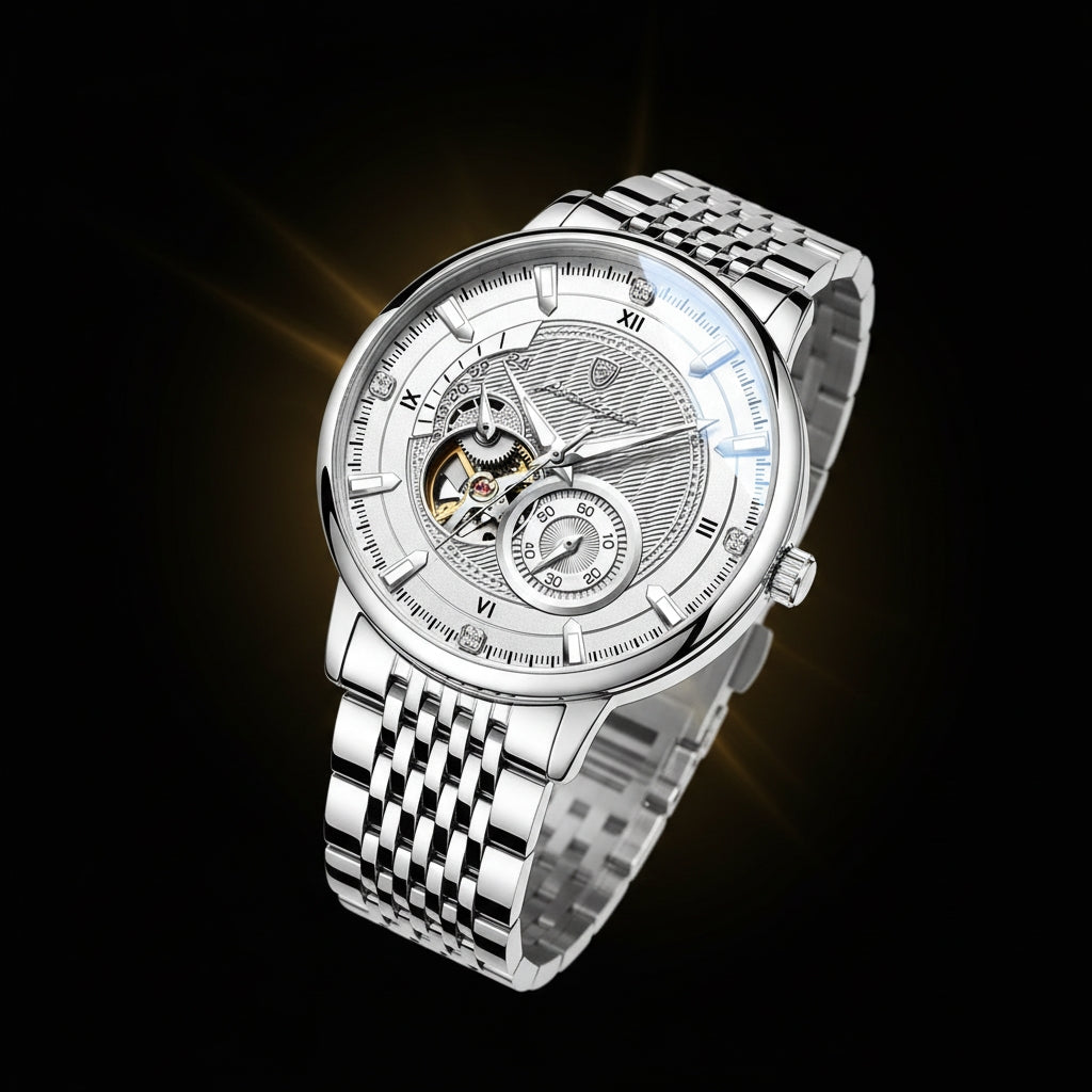 Silver wristwatch with a detailed face on a black background