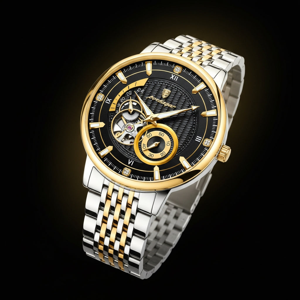 Luxury watch with gold and silver band on a dark background
