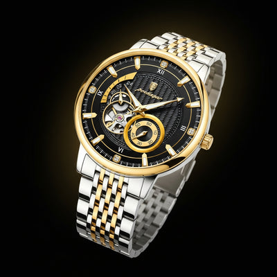 Luxury watch with gold and silver band on a dark background