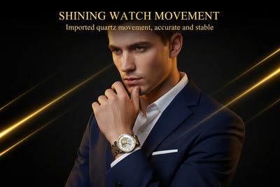 Man wearing a watch with text about imported quartz movement on a dark background