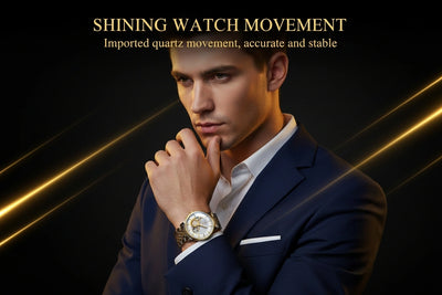 Man wearing a watch with text about imported quartz movement on a dark background