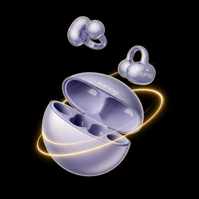 Purple wireless earbuds with charging case on a black background