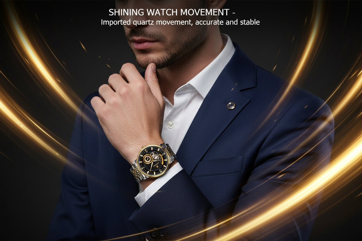 Man wearing a watch with a dark background and gold accents